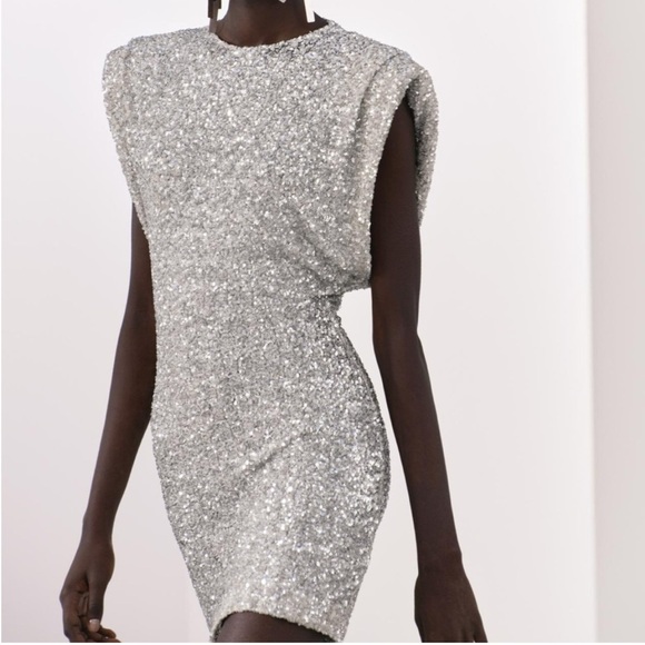 Zara ZW Collection Sequinned Dress Shoulder Pads Silver Size L - Picture 5 of 17